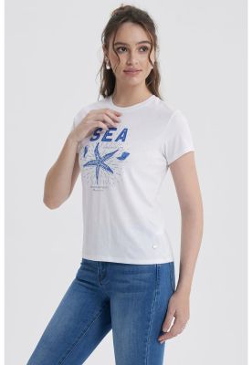 Imagen 2 del producto Polera Mujer Básica Print Blanco / Azul Marino / Celeste