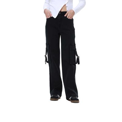 Jeans Mujer Cargo Calce Recto Negro I