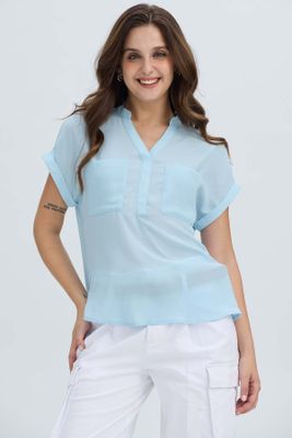 Imagen 2 del producto Blusa Mujer Dobladillo En Manga Celeste Claro