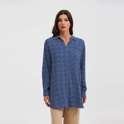 Blusa Mujer Larga Con Botón Parche Azul