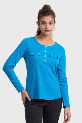 Polera Mujer Pata Botón Rib Azul