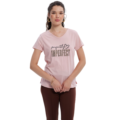 Polera Mujer Print Aplicación Folia Palo Rosa