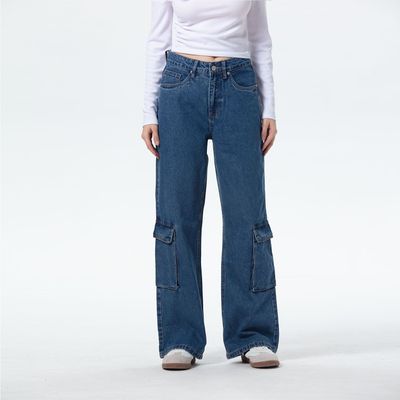 Jeans Mujer Wide Leg Cargo B Azul