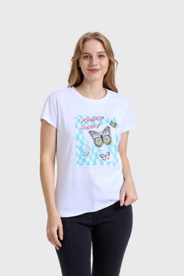 Polera Mujer Básica Print Blanco / Turquesa