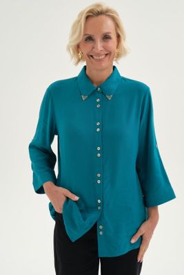 Blusa Mujer Abotonada Roll Up Turquesa