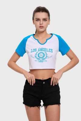 Polera Mujer Crop Estampado Azul