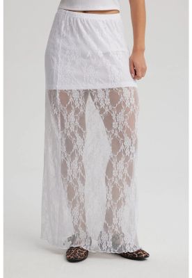 Falda Mujer Larga Encaje Cinturón Blanco