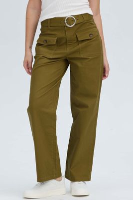 Pantalón Mujer Con Cinturón Y Bolsillos Verde Militar