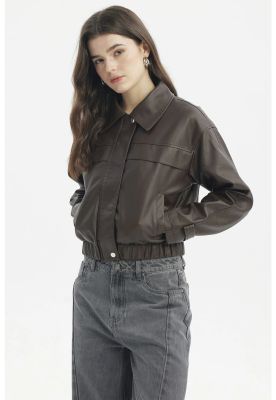 Imagen 2 del producto Chaqueta Mujer Bomber Efecto Cuero Café Oscuro