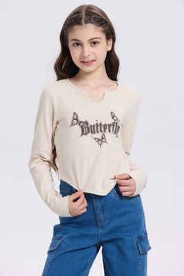 Polera Niña Crop Con Print Beige