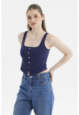 Imagen 2 del producto Polera Mujer Escote Cuadrado Botones Falsos Azul Oscuro