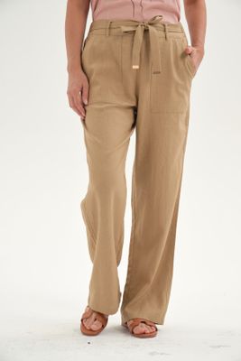 Pantalón Mujer Lino Pretina Elasticada Camel