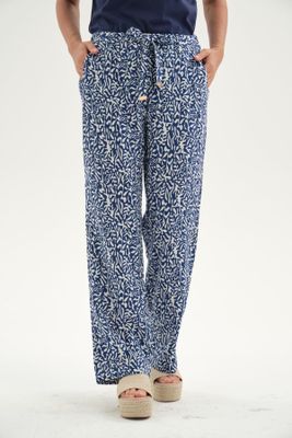 Pantalón Mujer Lino Pretina Elasticada Azul