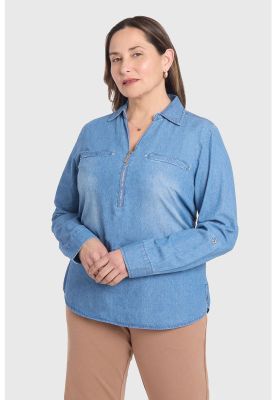 Blusa Mujer Con Tachas Bolsillo Azul