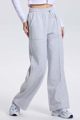 Pantalón Buzo Mujer Wide Leg Gris Melange