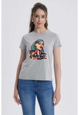 Polera Mujer Básica Print Gris Melange / Rosado