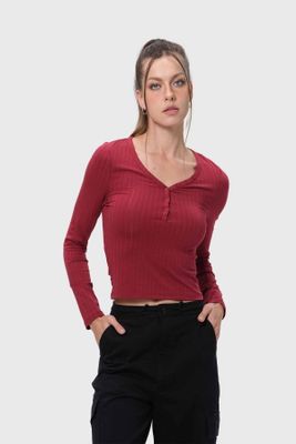 Polera Mujer Abotonada Burdeo