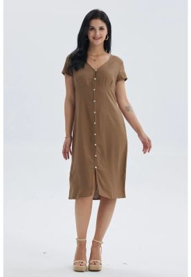 Vestido Mujer Lino Abotonado Café Claro