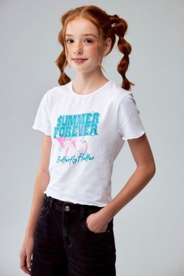 Polera Niña Crop Estampada Blanco