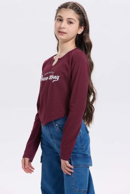 Polera Niña Crop Con Print Burdeo