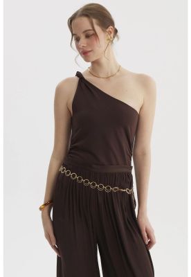 Imagen 1 del producto Polera Mujer Asimétrico Nudo Con Hombro Café Oscuro