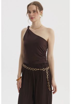 Imagen 2 del producto Polera Mujer Asimétrico Nudo Con Hombro Café Oscuro