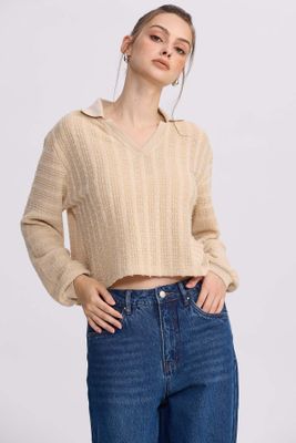 Imagen 2 del producto Polerón Mujer Cuello Camisero Beige