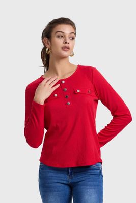 Polera Mujer Pata Botón Rib Rojo