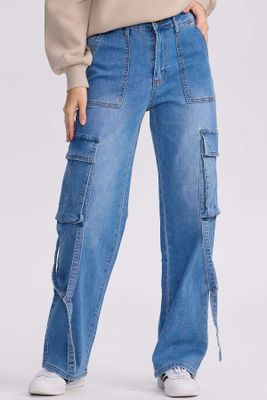 Jeans Mujer Calce Recto Cargo Azul
