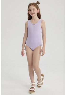 Traje De Baño Niña Liso Con Mostacilla Lila