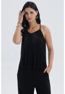 Polera Mujer Pabilo Plisada Lisa Negro