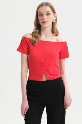 Polera Mujer Bardot Botones Rojo