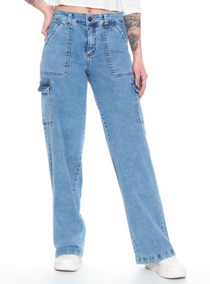 Jeans Recto Cargo Tiro Alto Push Up Pretina
