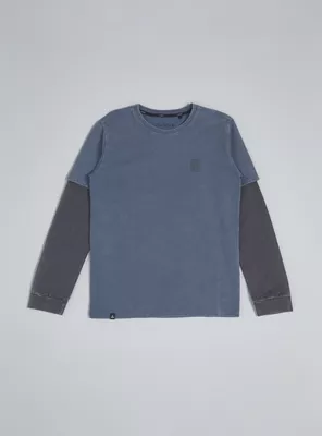 Polera Lavada con Mix de Telas en Manga