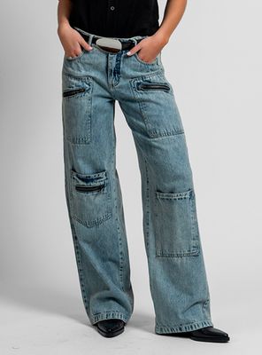 Jeans Cargo Tiro Medio Dominga Celeste