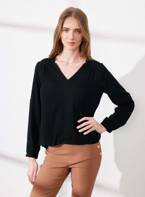 Blusa con Diseño Satinado al Tono y Recogido en Hombro