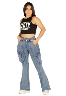 Jeans Cargo Celeste dos Botones Mujer