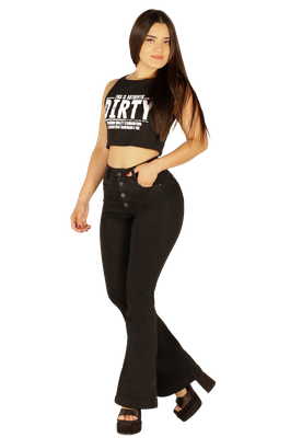 Jeans Flare Negro de Botones Mujer