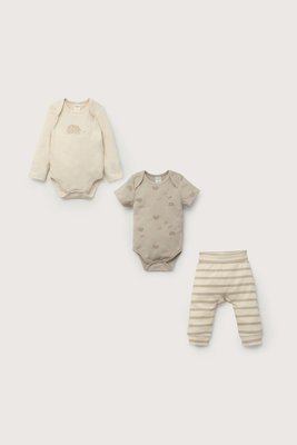 Imagen 2 del producto Conjunto 3 piezas bodies y pantalón beige de bebé unisex
