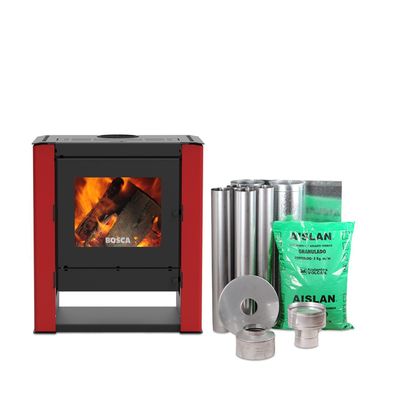 Pack Estufa a Leña Gold 500 Burdeo + kit de Instalación