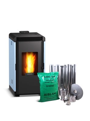 Estufa a pellet Hera+ Azul + kit de Instalación