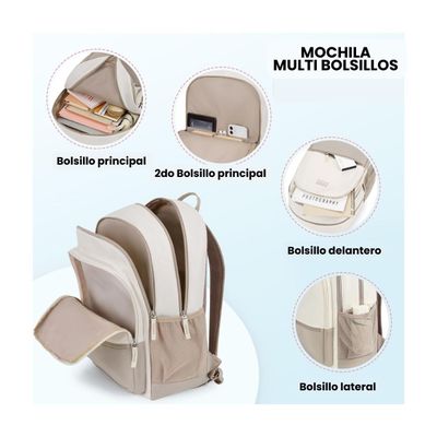 Imagen 2 del producto Mommore Mochila Escolar Grande 3 Compartimientos 20L - Caqui
