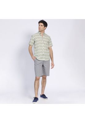 Camisa Manga Corta Estampada Diseño Slim Fit Botón Cuello Verde