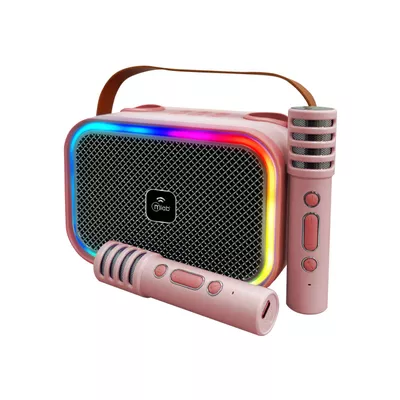 Mini Parlante Karaoke Infantil Luces Con 2 Microfonos Inalambricos Mlab 9589 Rosado
