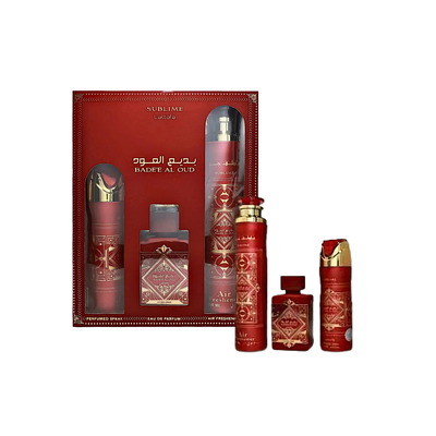Imagen 1 del producto Perfume Estuche Badee Al Oud Sublime Lattafa 100ML+200ML Perfume Spray + 300ML Air Freshener Unisex.