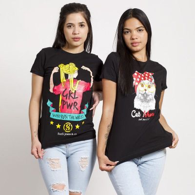 PACK 2 POLERAS MC NEGRA ESTAMPADA SAILOR Y GATITA