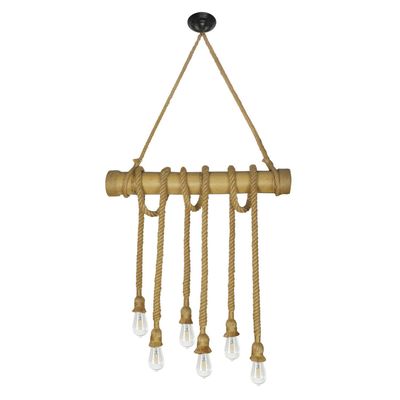 Lámpara Colgante Madera Con 6 Cuerdas de Cáñamo E-27
