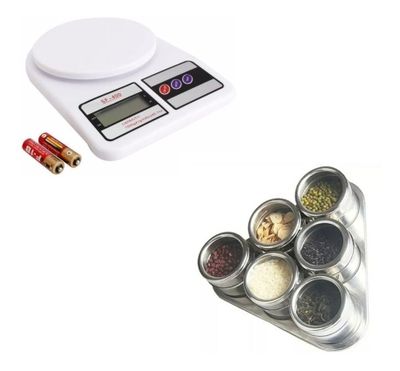 Set 6 Especieros Metálicos + Balanza De Cocina