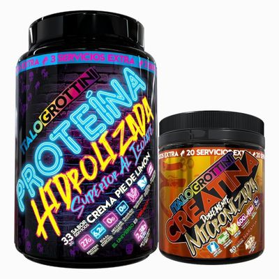 PROTEINA HIDROLIZADA 2,3LB CREMA PIE DE LIMON + CREATINA 440 GR NARANJA
