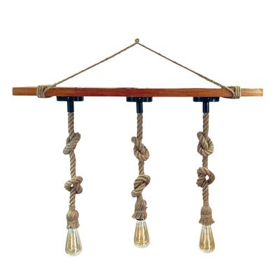 Lámpara Colgante Madera Con Cáñamo Tres Luces E-27